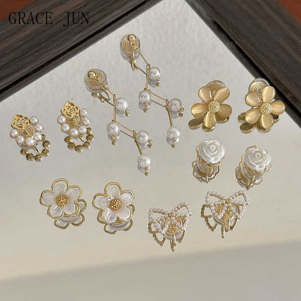 

grace jun new arrival flower heart clip on earrings women's fashion mosquito coil cuff pearl rhinestone charm ear, Silver