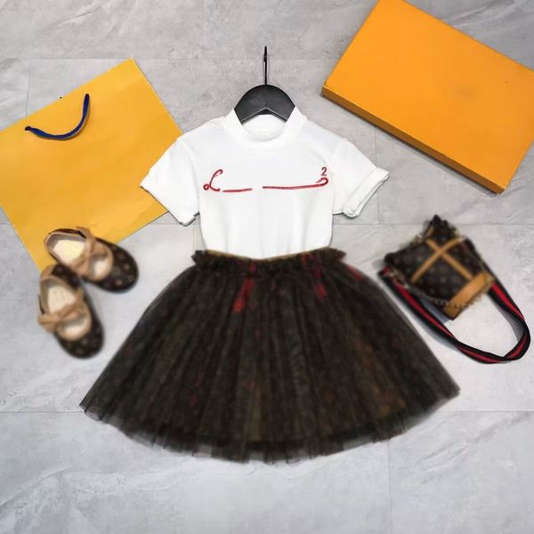 

luxury designer kids clothing sets tshirt veil skirt fashion british fashion brand summer childrens treasures girls cotton two-piece shirt p, White