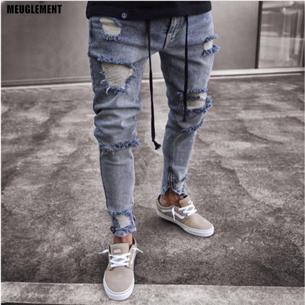 

slim fit ripped jeans men hi street hip hop mens trousers denim joggers pants knee holes washed destroyed jeans213b, Blue