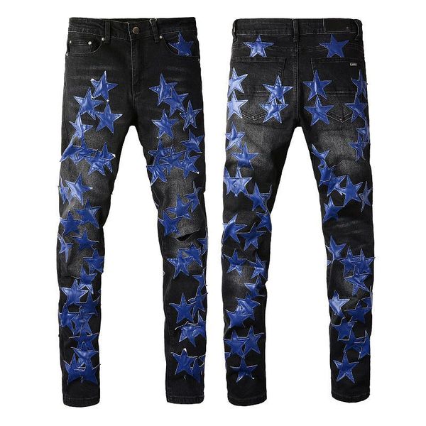 

luxury jeans mens jeans designers jeans stretch design denim jeans biker fit for mens slim fashion painted patch trim leg cowboy pants male, Blue