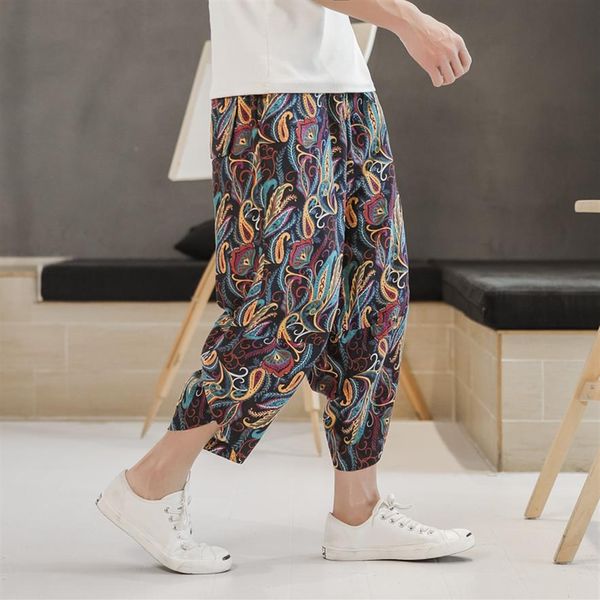 

casual printed hip hop harem pants men streetwear sweatpants trousers pants 2020 cotton linen wide leg men joggers2697, Black