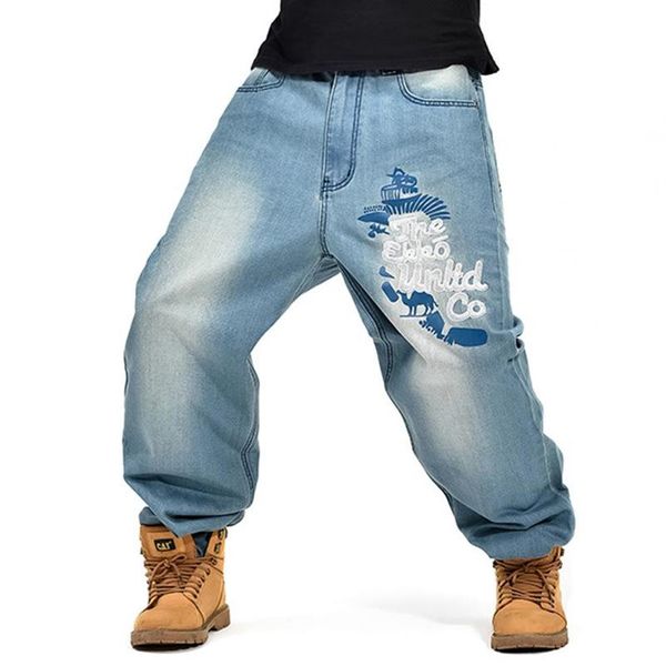 

men's jeans men street dance hiphop fashion embroidery blue loose board denim pants overall male rap hip hop plus size 46301y