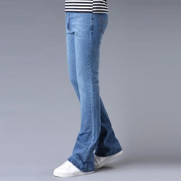 

mens traditional bootcut leg jeans slim fit slightly flared blue black male designer classic stretch flare pants1917