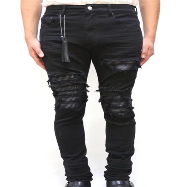 

new men leather ribbed patches distressed skinny jeans310m, Blue