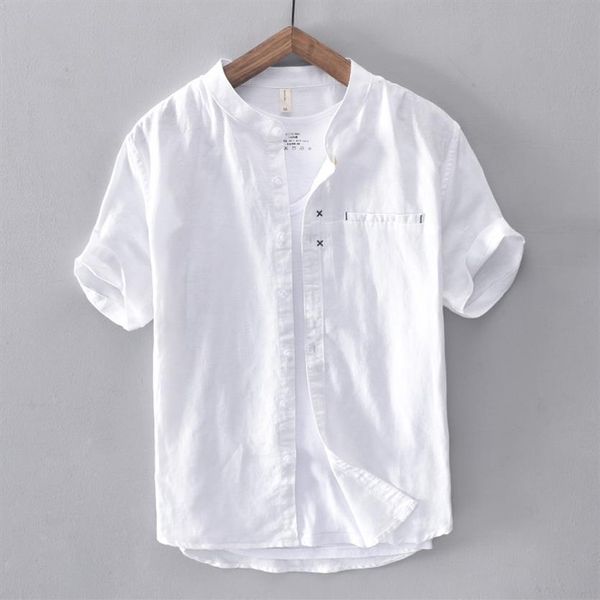 

cotton linen shirt men solid short sleeve casual slim button down quality mandarin men's dress shirts camisa masculina257a, White;black
