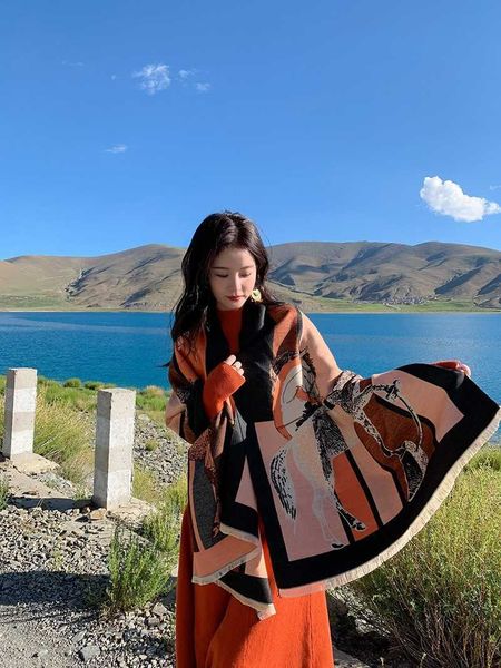 

brand designer wool scarf of h ermes online store temperament autumn and winter imitation cashmere warm carriage scarf womens thickened doub, Blue;gray
