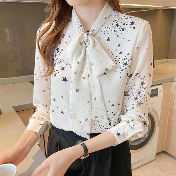 

bow knot french fashion floral shirt womens long sleeve autumn professional star print chiffon top, White