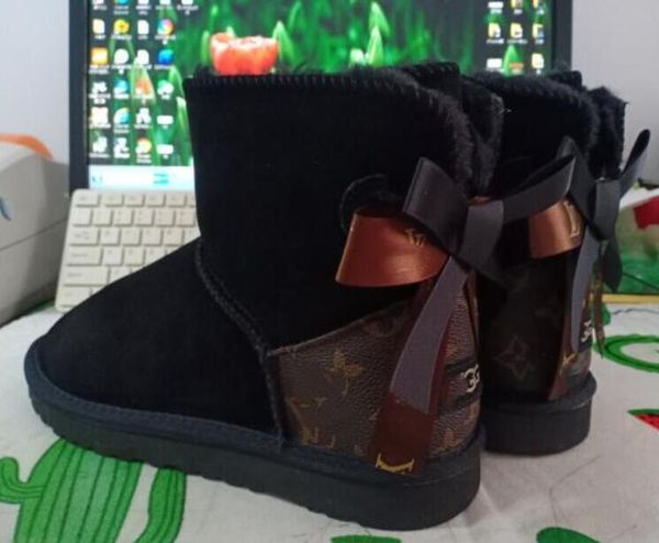 

classical design l bow boots women snow boots bowknot keep warm short winter genuine leather sheepskin plush boots with card dustbags beauti, Black