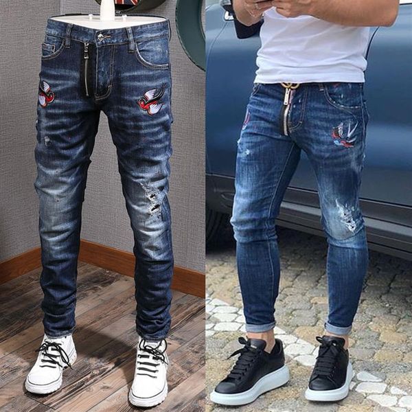 

cool guy biker jeans bleach distressed paint bird patch accent damaged slim fit cowboy trousers men268z, Blue