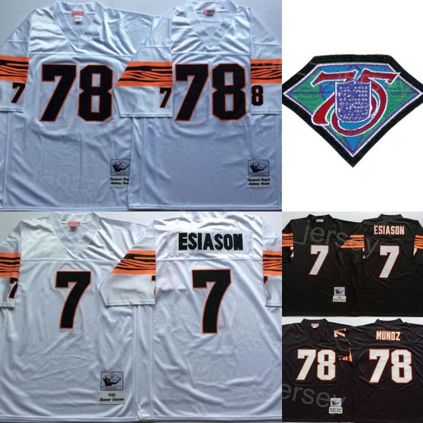 

football vintage 7 boomer esiason jersey 1989 1988 retro 78 anthony munoz uniform black team color 75th anniversary embroidery and sewing br