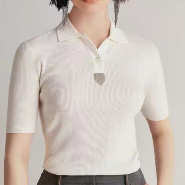 

women's sweaters 2023 spring and summer sheep wool lapel bead chain shortsleeved thin knitwear women 230811, White;black