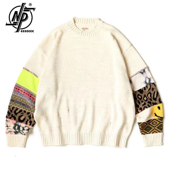 

men's sweaters vintage oversized knitted sweater men patchwork sleeve smiling face round neck women's loose pullover 2023 autumn 2, White;black