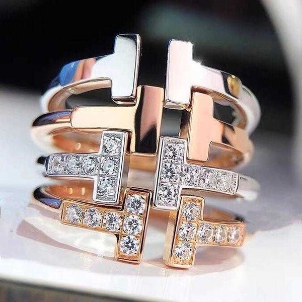 

versatile tiffay double t ring 925 sterling silver plated 18k gold ti house set diamond t-shaped no smooth open