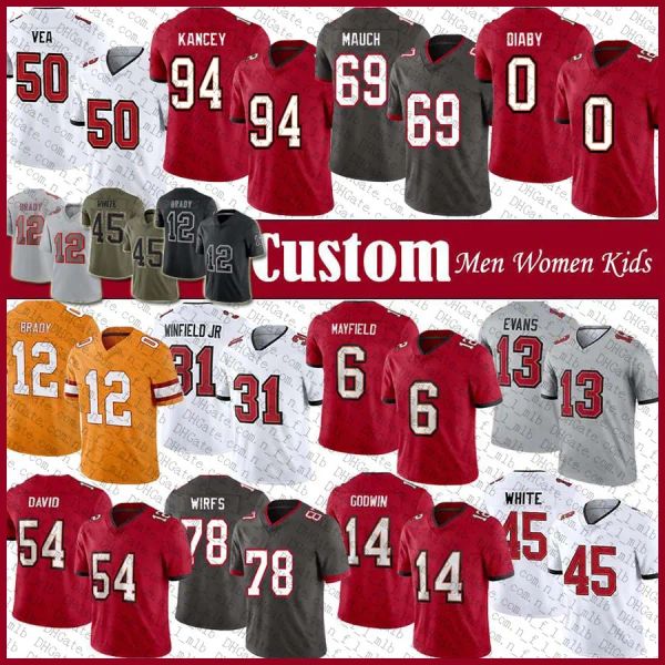 

custom 6 baker mayfield tb bucs football jersey 13 mike evans devin white chris godwin vita vea tristan wirfs antoine winfield jr calijah ka, Black;red