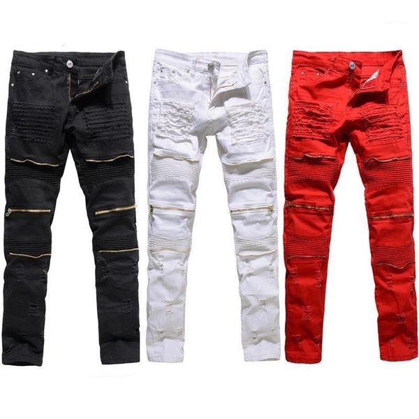 

trendy men fashion college boys skinny runway straight zipper denim pants destroyed ripped jeans black white red jeans1163c, Blue