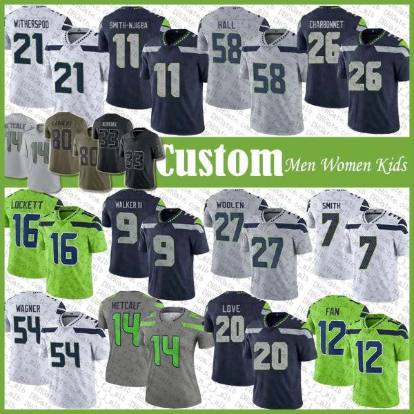 

custom 14 dk metcalf 9 kenneth walker iii football jersey tariq woolen bobby wagner julian love devon witherspoon geno jaxon smith njigba de, Black;red