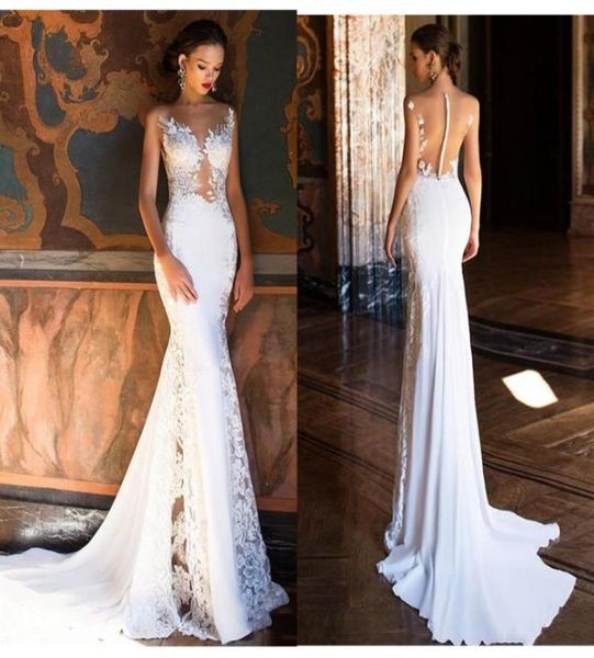 

mermaid wedding dress 2020 jewel sheer neck lace appliques bridal dress see through illusion sleeveless back beach wedding go1327399, White