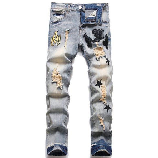 

mens jeans designer letter printing distressed motorcycle biker jean five-pointed star hole skinny slim tight ripped 271b, Blue
