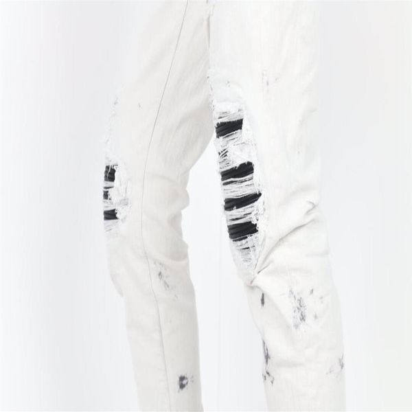 

men black pu ribbed patch stretchy distressed dirty white jeans2678, Blue