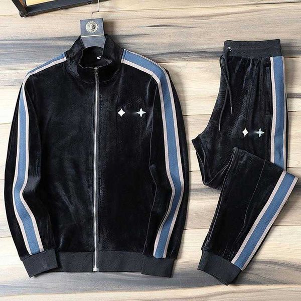 

plus size mens tracksuits v embroidered jacket designer casual pants two piece suit men women velvet sportswear warm cardigan coat, Gray