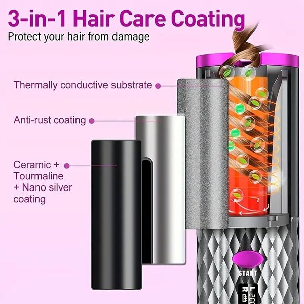 

1pc wireless automatic curling iron portable curling wand with lcd display rechargeable hair curler for hair styling, Black