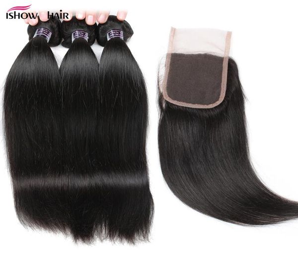 

ishow 10a mink brazilian straight human hair bundles with lace closure peruvian virgin hair malaysian weave weft for women girls a8601508, Black
