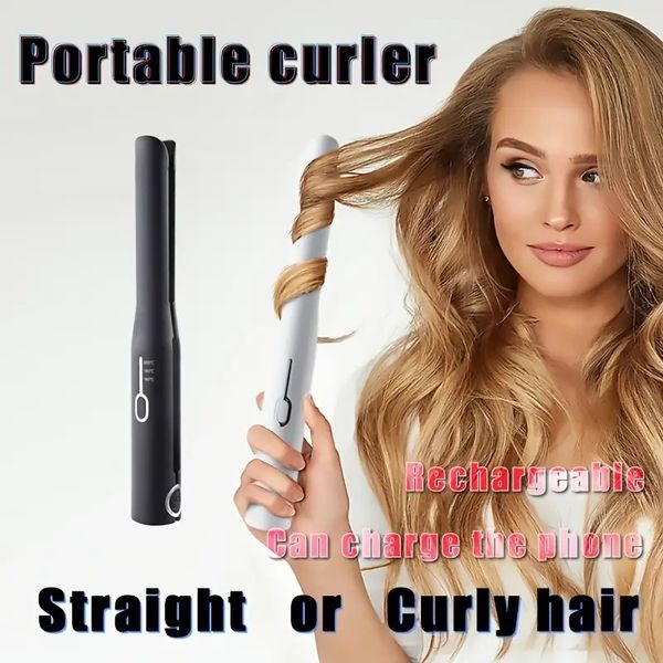 

cordless hair straightener and curler 2 in 1-7.8 inch portable mini hair straightener with 3 temp 20s fast heating & anti-scald, 2600mah usb, Black