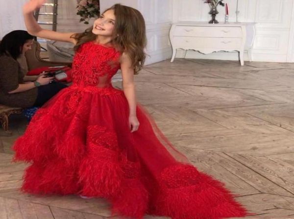 

stuning red girls pageant dresses with feather lace appliqued kid formal wears custom made birthday wears8308392, White;red
