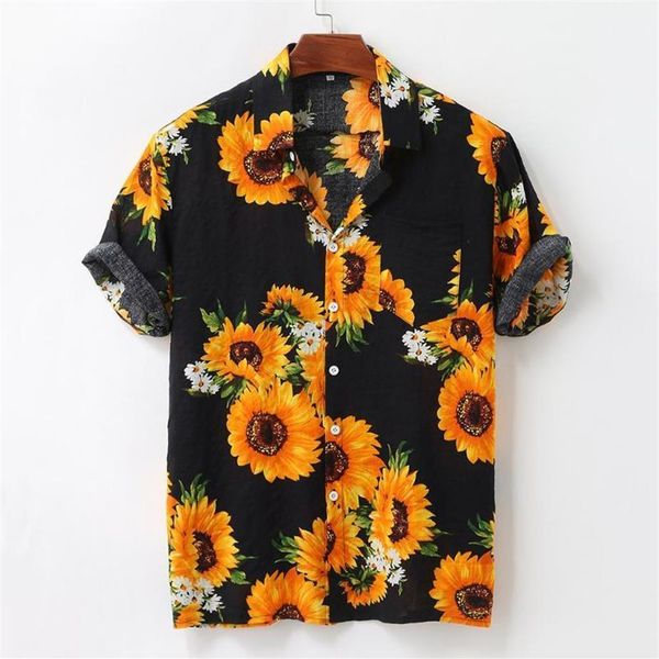 

fashion plus size shirts mens summer sunflower pattern shirts casual short sleeve beach loose blouse 2020 hawaiian shirt #31270f, White;black
