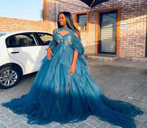 

teal blue prom dress a line sheer neck lace appliques lace beads evening party dress quinceanera wear vestidos black girl party2075651