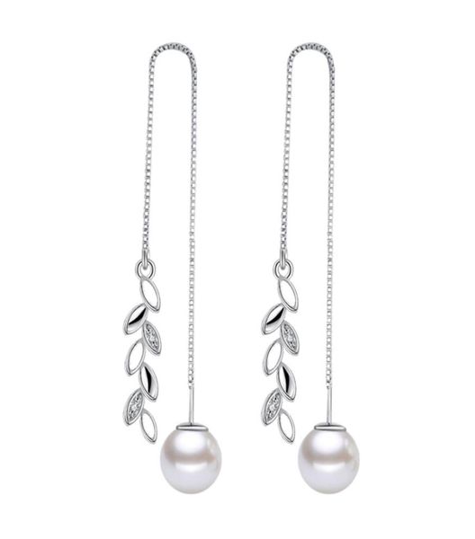 

whole fashion studs leaf zircon pearls kpop 925 sterling silver tassel pendant drop long ear line earrings for women ys1516178121, Golden;silver