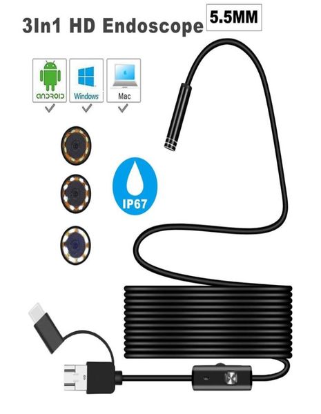 

3 in 1 semirigid usb endoscope camera 55mm ip67 waterproof snake camera with 6 led for windows macbook pc android endoscope2371557