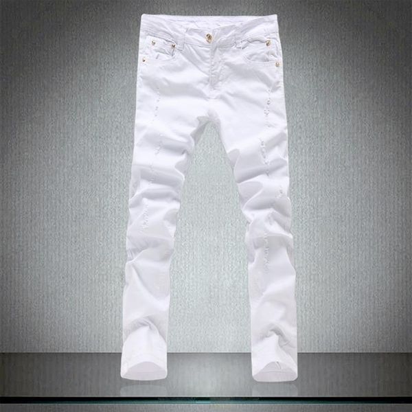 

spring men's tight pure white jeans male skinny trousers cotton elastic hole slim leisure pants men191z, Blue