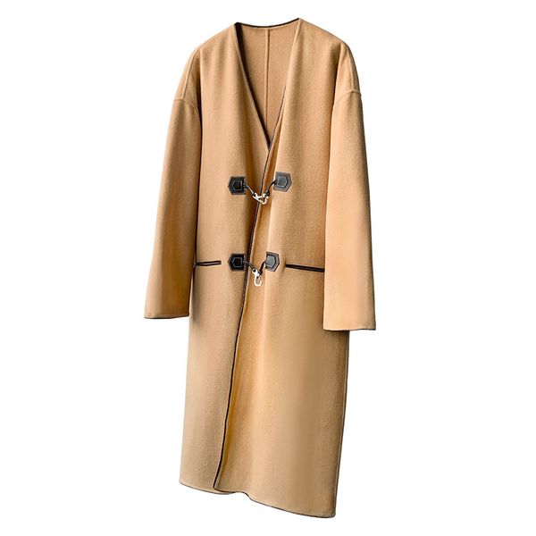 

women toteme metal buckle long coat v-neck long sleeve cashmere coat, Black