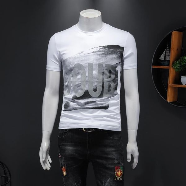 

2023 summer new men's short-sleeved t-shirts round neck slim fashionable handsome letter printing mercerized cotton half270o, White;black
