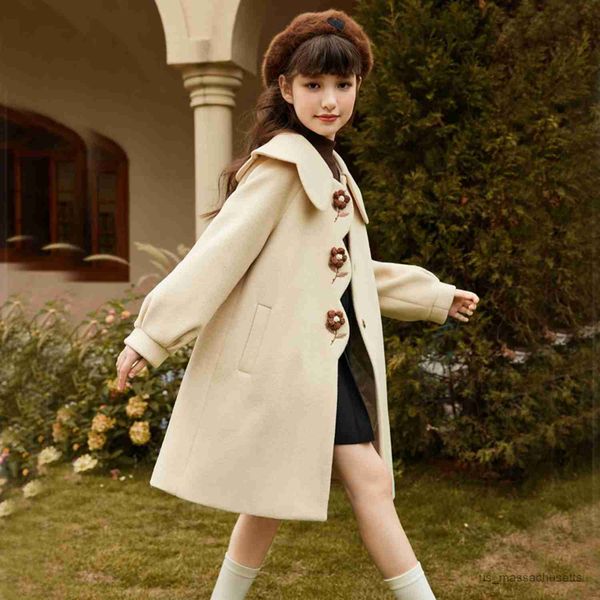 

jackets girls warm woolen coat winter thicken outerwear girls woolen jacket kids ruffle sleeves long overcoat autumn fashion jackets r230812, Blue;gray