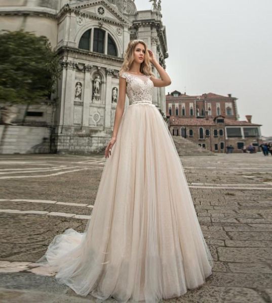 

beautiful aline champagne wedding dresses high waist cap sleeve with scoop tulle bridal gowns illusion back with button new styl3898190, White