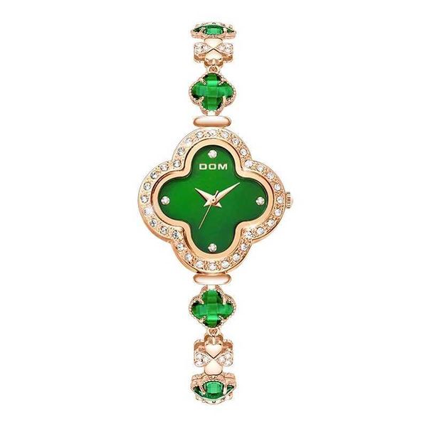

dom retro luxury women's fashion green dial wrist watch four-leaf clover bracelet ornament simple trend waterproof watch for men, White;black