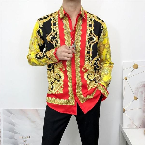 

men's casual shirts baroque royal yellow shirt men fashionable gold flower 2022 luxury designer long-sleeved party prom c269o, White;black