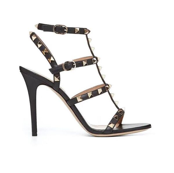 

level women luxurys designers shoes 10cm high heel balck patent leather buckled strap cage heels sandals stiletto pointed toes ankle straps, Black