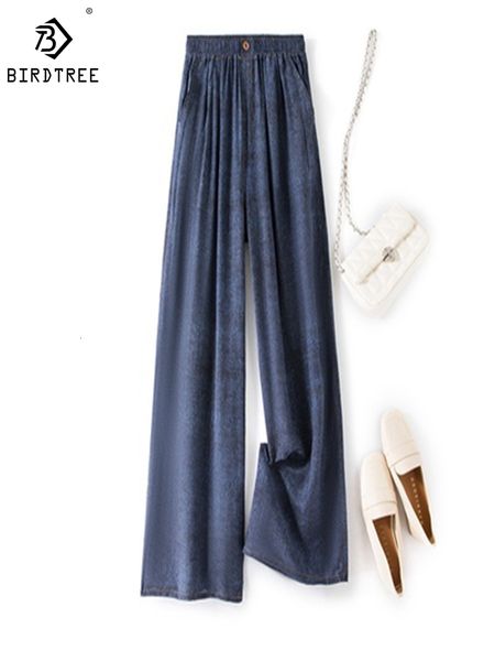 

women's pants s birdtree 2023 clothing printing 100natural mulberry silk pocket casual elastic waist wide leg summer b37934qd 230811, Black;white