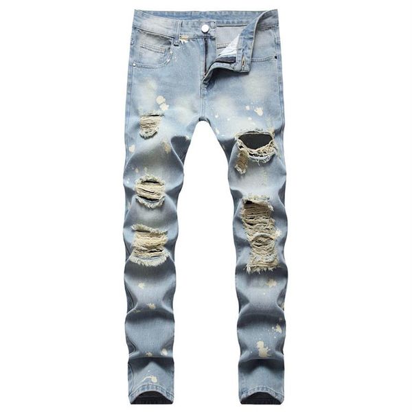 

ripped straight washed casual jeans youth nostalgic men's trousers244j, Blue