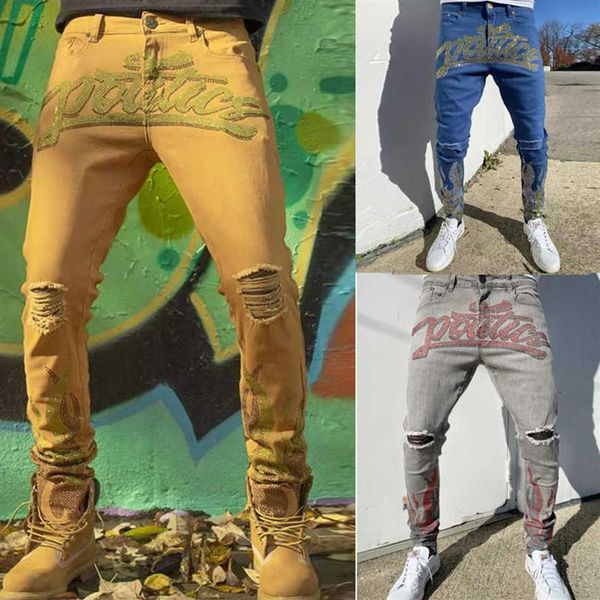 

men's jeans y2k men stretchy ripped skinny black jeans slim hole trousers aesthetic rhinestones streetwear denim274i, Blue