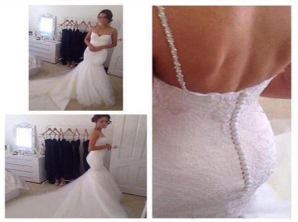 

beaded lace mermaid wedding dresses spaghetti straps ivory tulle backless beaded court train bridal gowns6596770, White