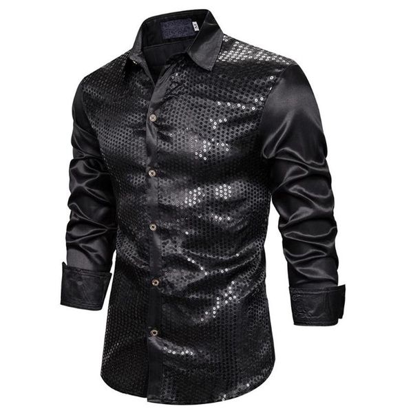 

adisputent silk shiny nightclub men's luxury sequin dress long-sleeved shirt stage dance graduation set shirts329z, White;black