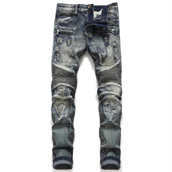 

vintage pleated spliced jeans men retro ripped slim fit motorcycle jeans punk rock straight stretch distressed men268a, Blue