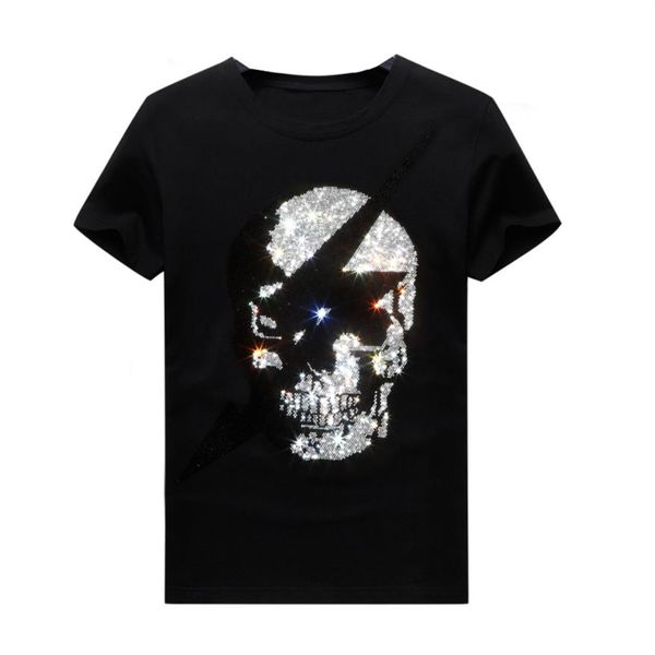 

summer luxury large size mens colorful rhinestone short-sleeved designer t-shirt crew neck hip hop casual tee modal fabric1981, White;black
