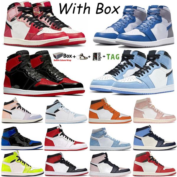 

2023 with box jumpman 1 mens basketball shoes high og 1s spider-verse washed pink true blue starfish bred patent university blue men women s, White;red