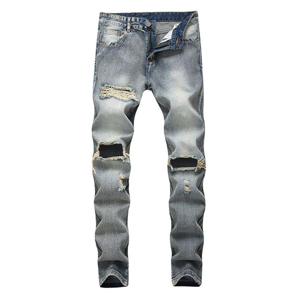 

men's jeans fashionable knee hole straight denim men brand motorcycle cotton pants elastic destruction tear design pant293t, Blue