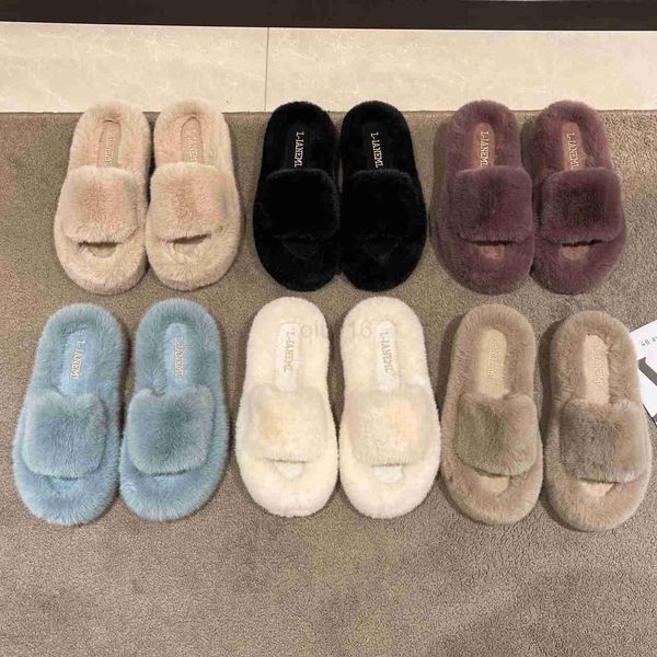

slippers fashion women fluffy slippers winter warm slippers woman flat platform slippers furry faux fur slides for women 42, Black